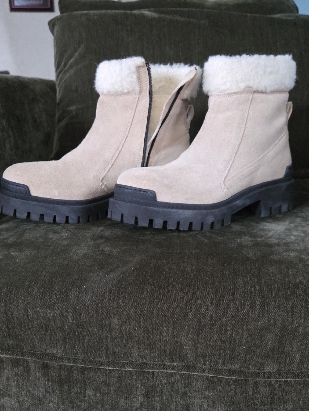 Miz Mooz Hessy Cream Suede Shearling-Trim Lug Sole Ankle Boots